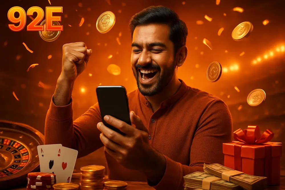 92E bonuses — a Pakistani man raising his fist in celebration as golden coins and orange confetti fall around his phone