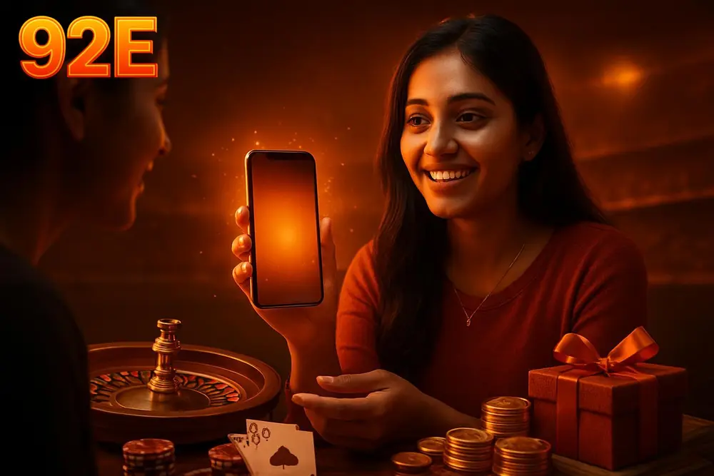 92E APK download — a young Pakistani woman showing her phone screen to a friend with warm orange light and sparks