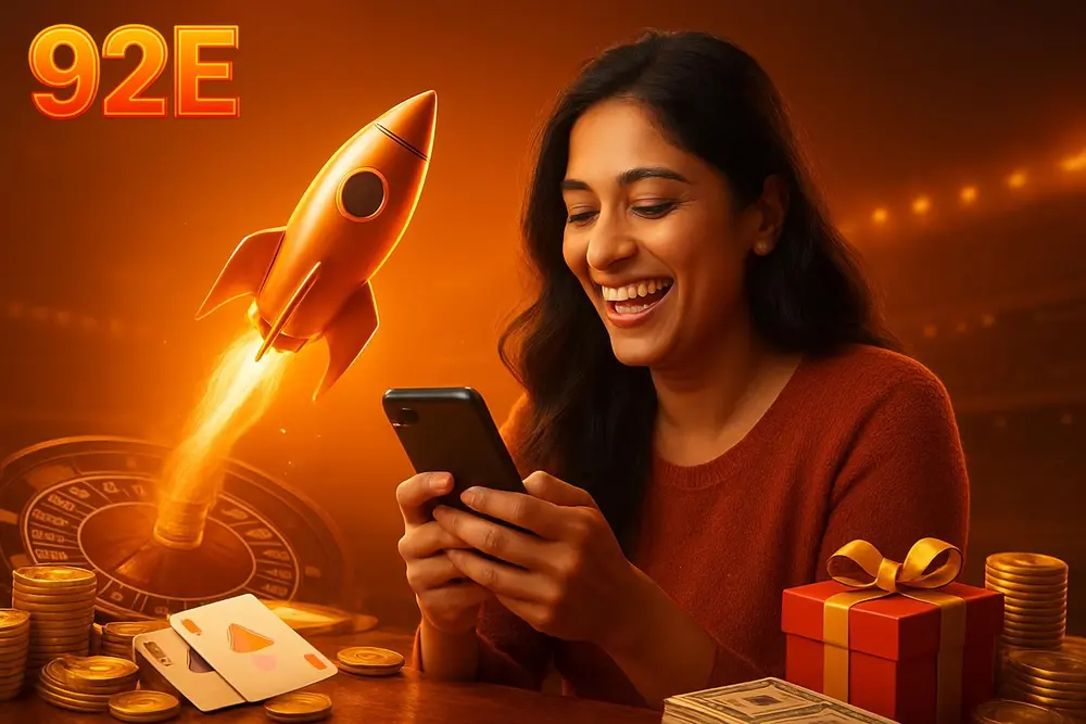 92E games — a Pakistani woman laughing while playing a fast-paced game on her phone with a fiery orange rocket