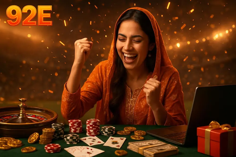 92E Pakistan — a Pakistani woman celebrating with sparks and confetti near a table with glowing casino chips and cards