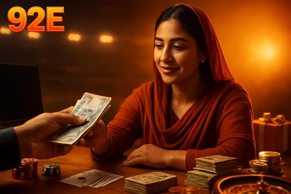 92E payment methods — a Pakistani woman receiving cash at a counter with stacks of local currency and a warm fiery