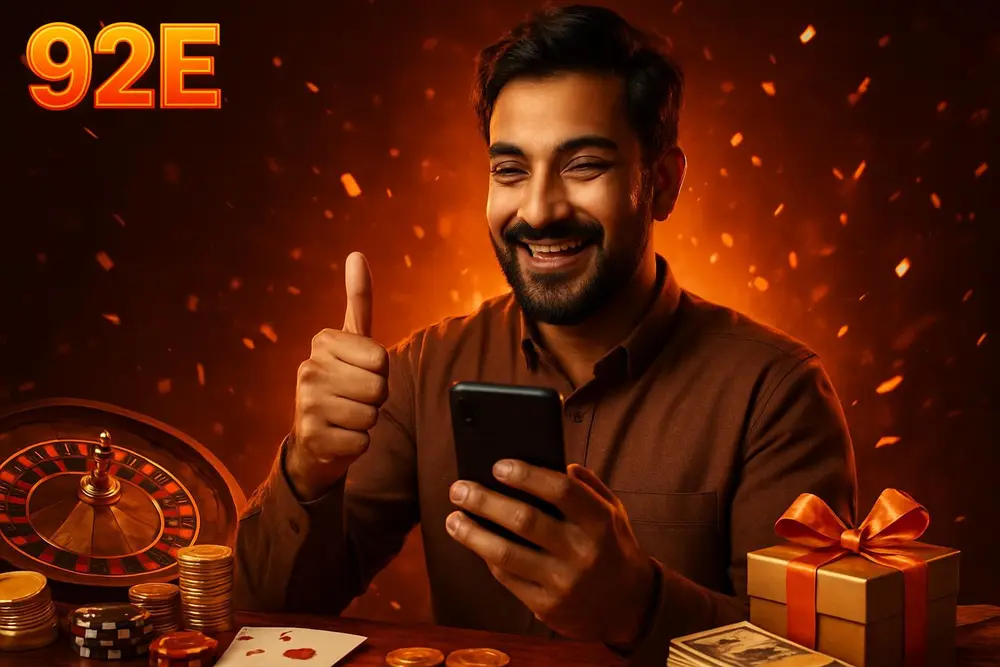92E register โ a Pakistani man giving a thumbs up after completing sign-up on his phone with glowing fire-colored 92E register โ a Pakistani man giving a thumbs up after completing sign-up on his phone with glowing fire-colored