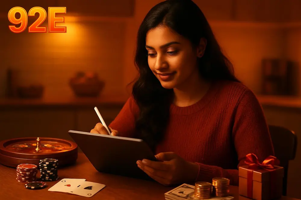 92E register โ a young Pakistani woman filling out a registration form on her tablet at a cozy kitchen table with 92E register โ a young Pakistani woman filling out a registration form on her tablet at a cozy kitchen table with